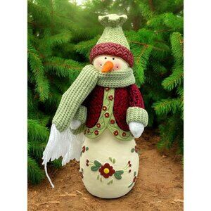 Vintage Floral Snowman Christmas Figurine Green Scarf Hat Rustic Farmhouse